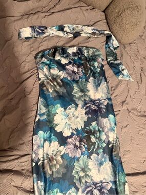Sincerely Jules Strapless Floral Satin Dress in Blue and Green